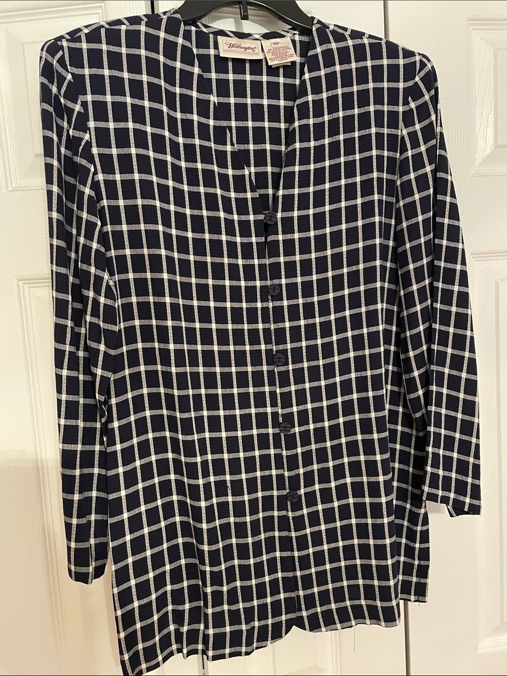 Worthington Tunic Length Navy and White Grid-Check Button-Front Casual Jacket